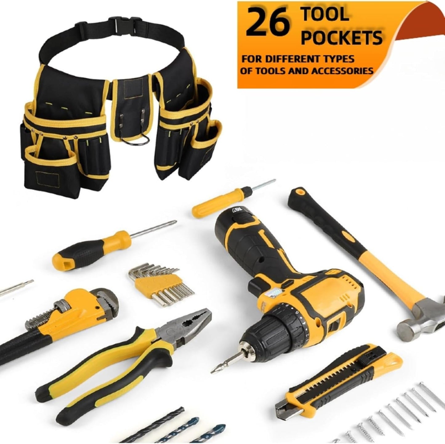 Tool Belt, Magnetic Tool Pouch, Men's Heavy Duty Padded Tool Belt, 26 Pockets, Removable and Adjustable Tool Pockets, Electrician, Carpenter, Construction, Work Apron, Utility Belt