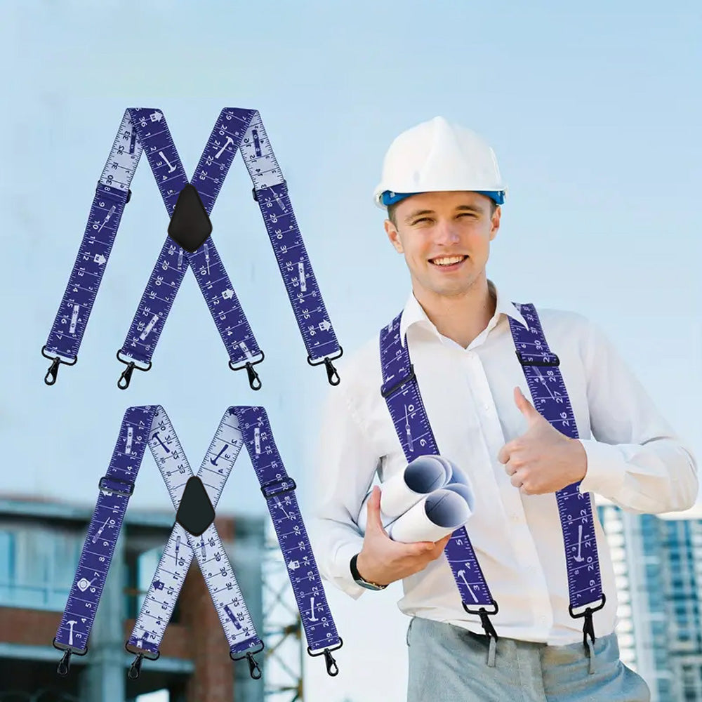 Blue Tape Measure Ruler Suspender Men's Suspender 1.5/2 Inch Wide Suspenders Full Elastic X Back Suspender with Snap Hooks
