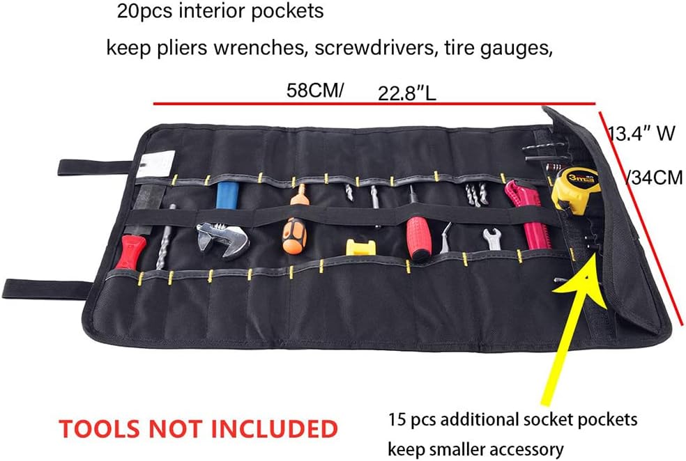 22 pocket Tool Roll Bag Canvas Wrench Roll Up Pouch Screwdriver Pliers Roller Compartments Organizers Tool Roll Organizer For Mechanic,Electrician