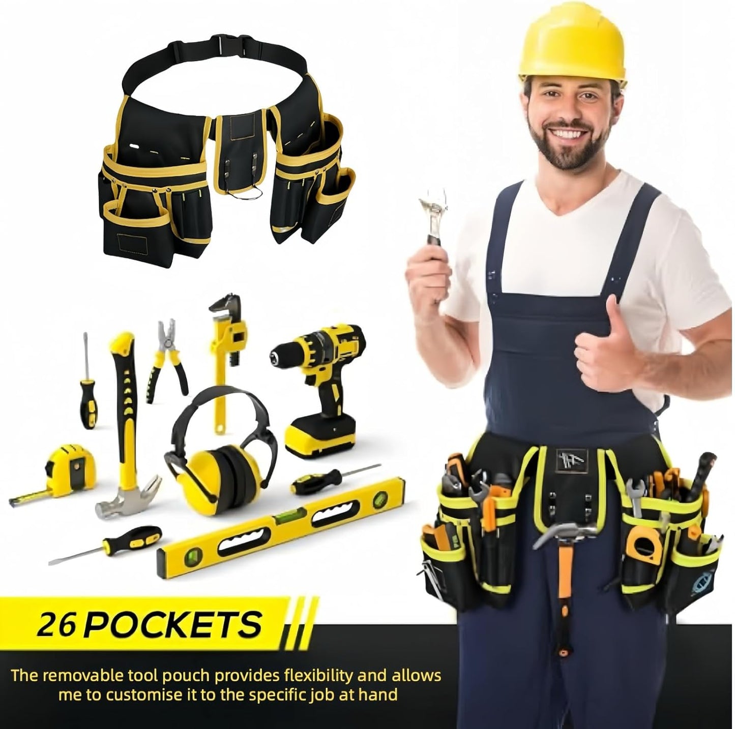 Tool Belt, Magnetic Tool Pouch, Men's Heavy Duty Padded Tool Belt, 26 Pockets, Removable and Adjustable Tool Pockets, Electrician, Carpenter, Construction, Work Apron, Utility Belt