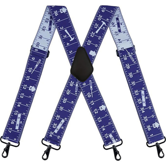 Blue Tape Measure Ruler Suspender Men's Suspender 1.5/2 Inch Wide Suspenders Full Elastic X Back Suspender with Snap Hooks