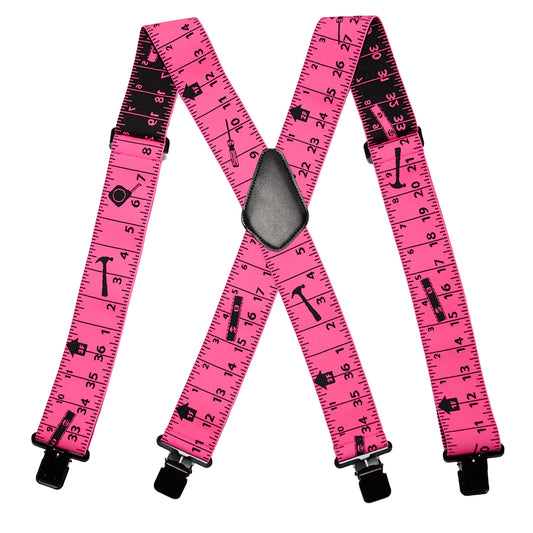 Mens Tape Measure Suspenders, 2 Inch Wide Adjustable Work Suspenders for Tool Belts, Elastic Braces with Heavy Duty Strong Clips